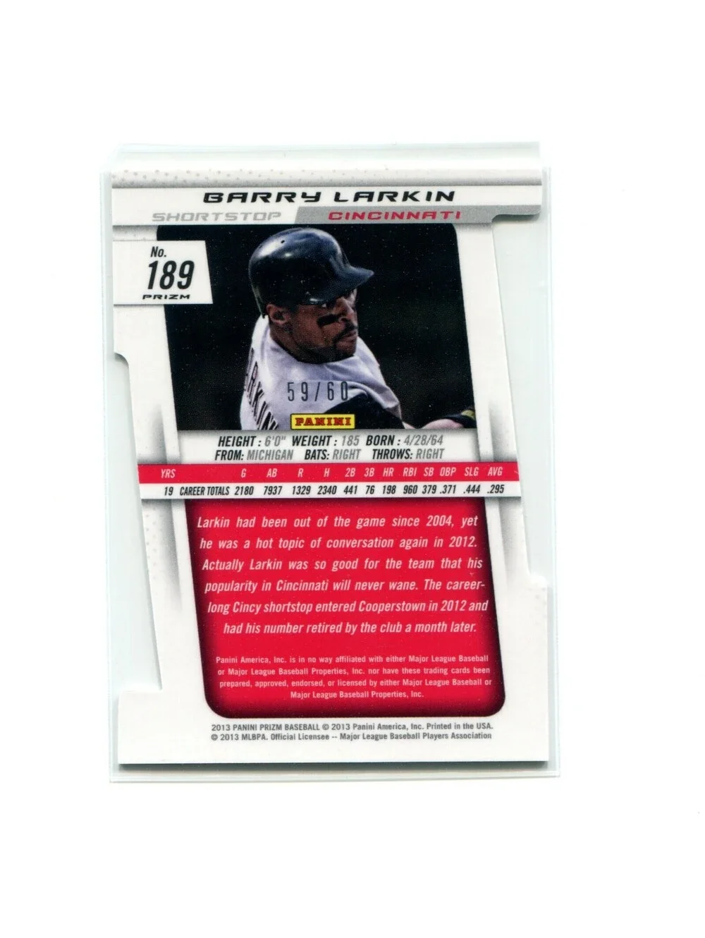 2013 Panini Prizm Baseball Barry Larkin #189 Orange Die Cut #'d 59/60 Reds